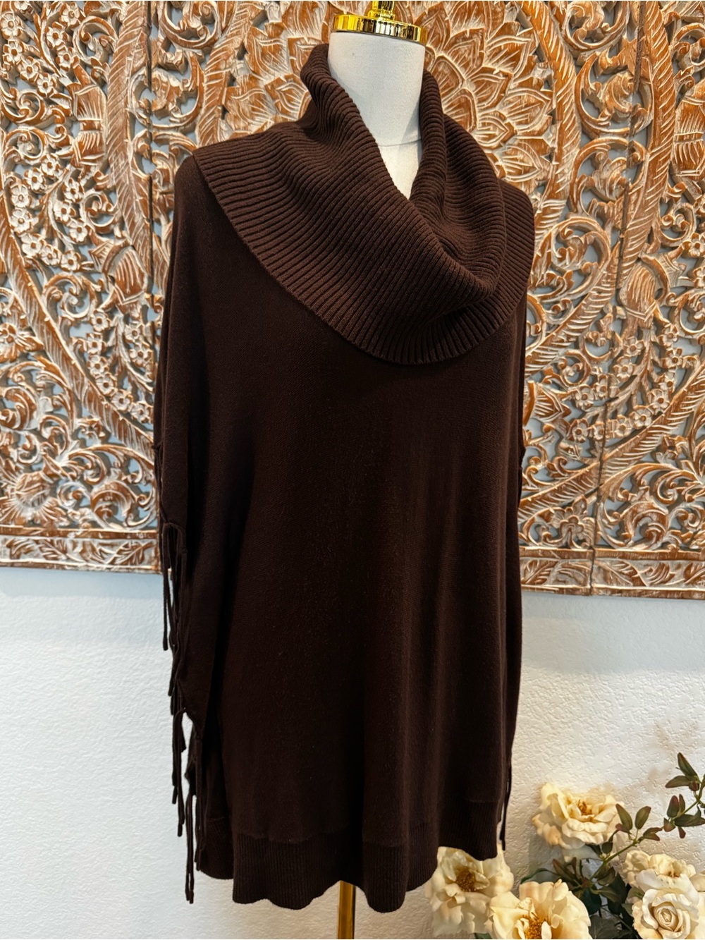 Michael Kors Brown Cowl-Neck Fringe Poncho, Soft Cozy - Picture 4 of 15